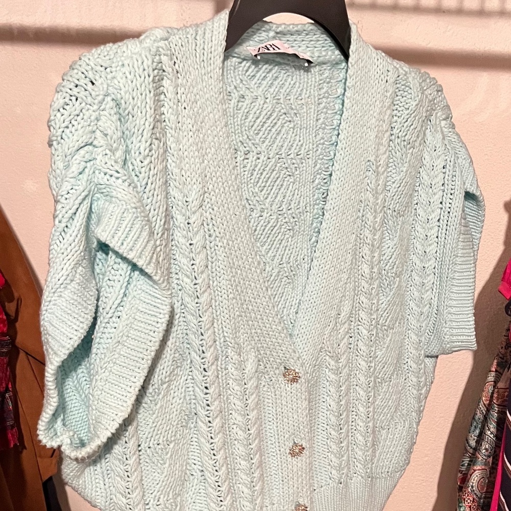 Zara Powder Blue Short Sleeve Crop Cardigan Jewel Pearl Buttons